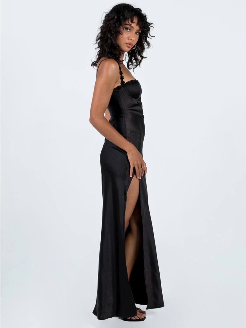 Princess Polly - Black Satin Dress w/ Floral Straps (“Grimmond Maxi Dress”) - Picture 5 of 10